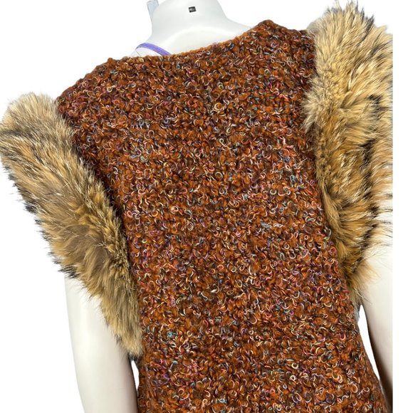 VTG Late 80's ANN WI Brown & Multi Color Hand Knit Vest with Faux Fur Sleeves M - Picture 7 of 10